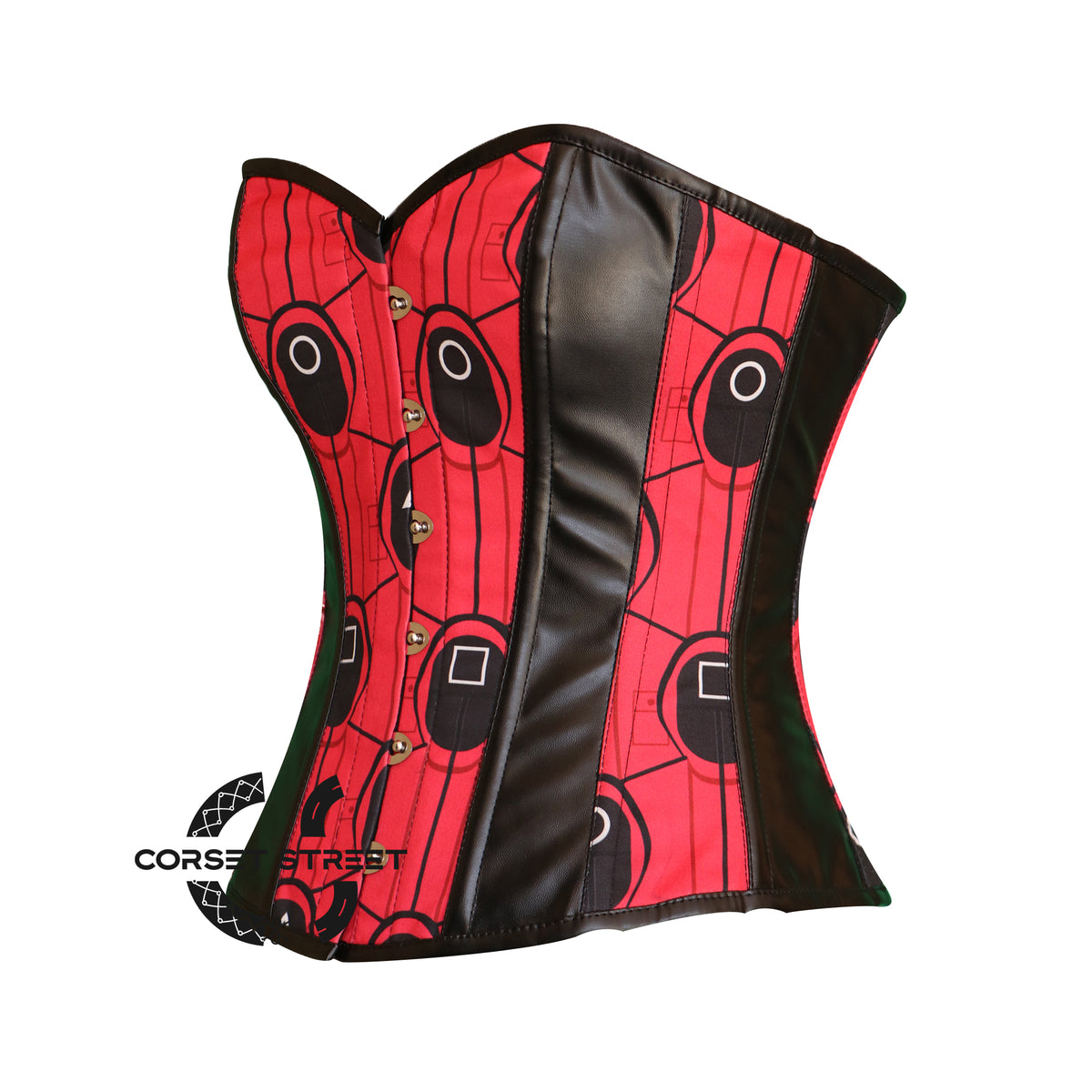 Red And Black Printed Lycra Leather Stripes Burlesque Gothic Costume Overbust Plus Size  Bustier Top