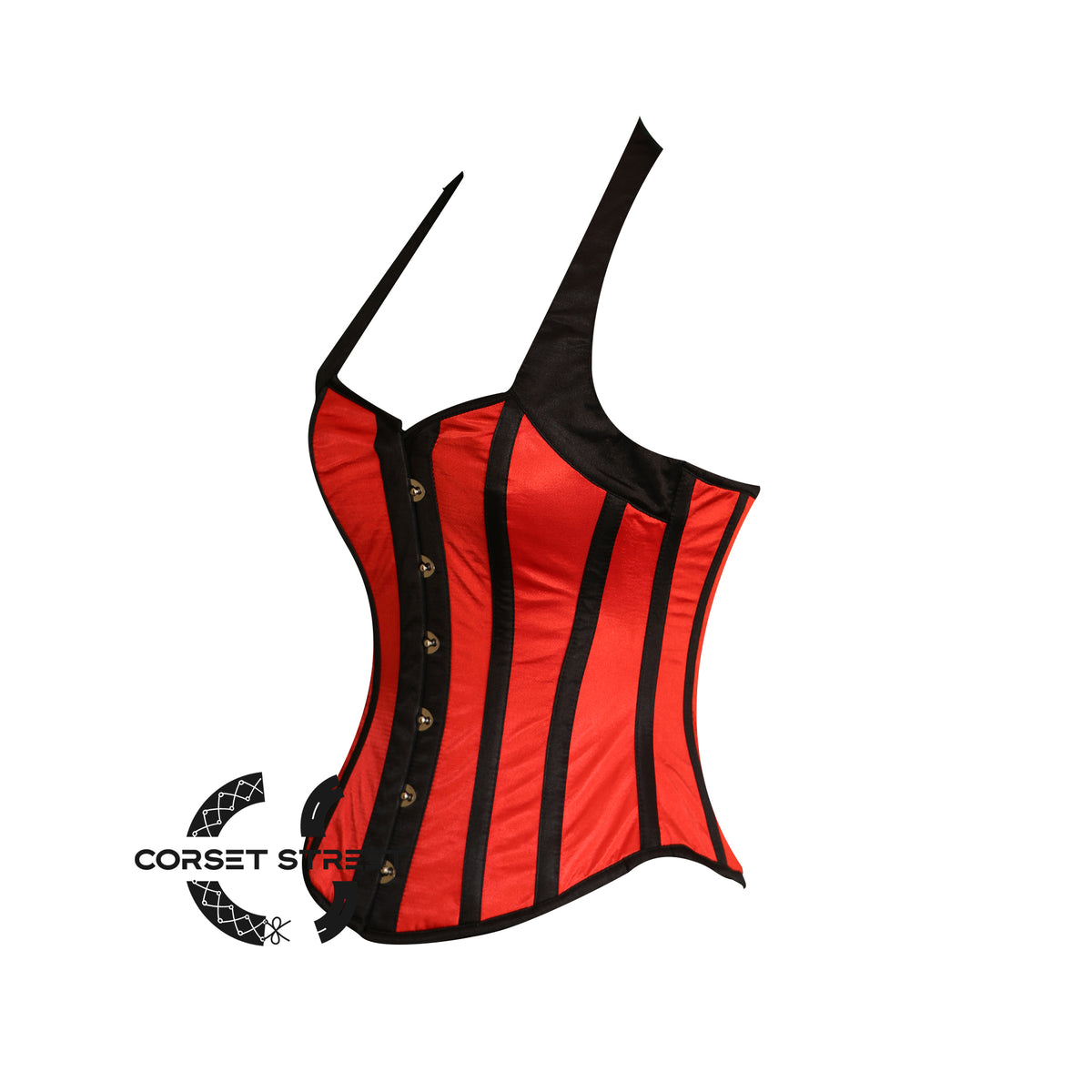 Red And Black Satin Halter Neck Burlesque Gothic Costume Overbust Bustier Top