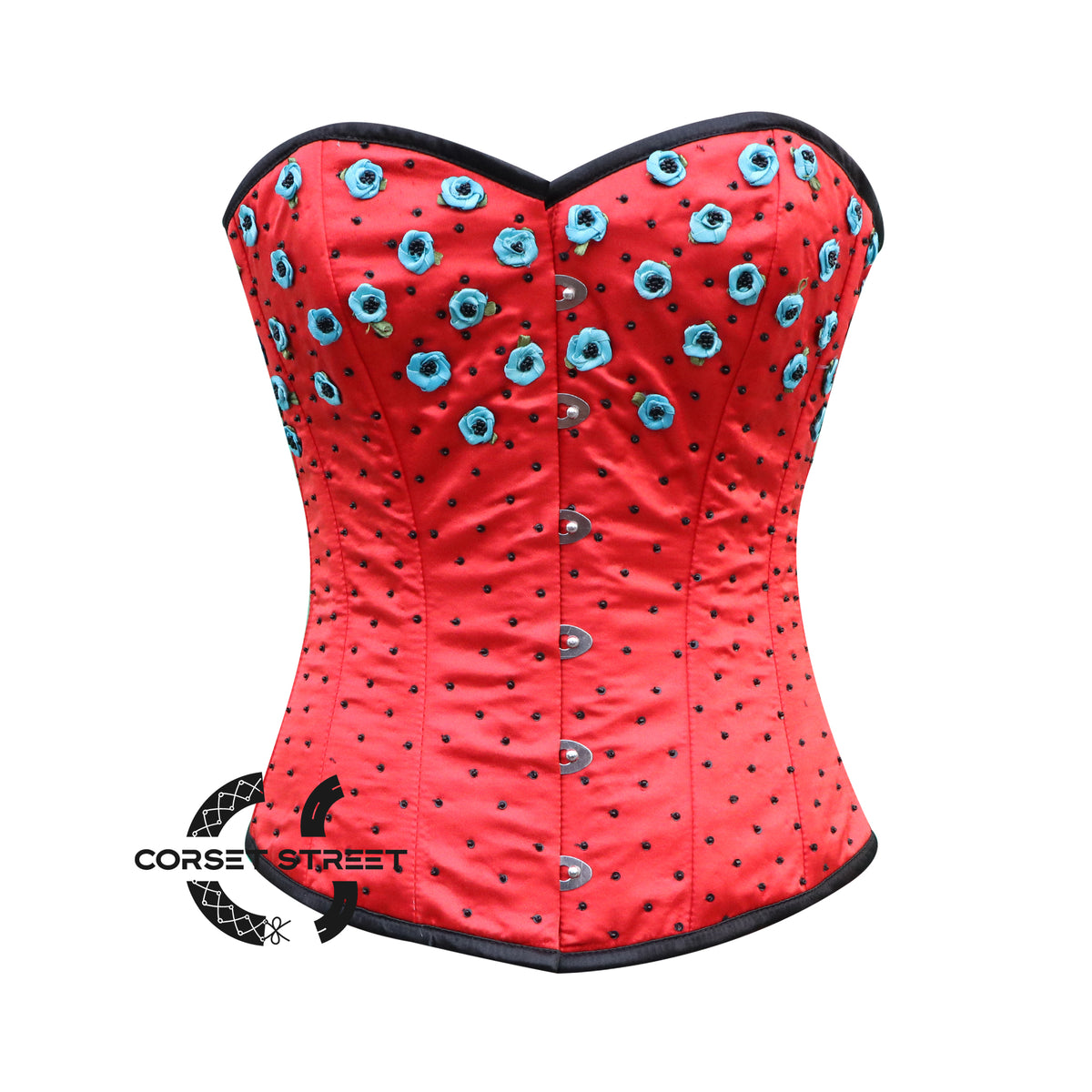 Red Satin Flowers And Sequins Hand Work Burlesque Gothic Plus Size Costume Overbust Bustier Top