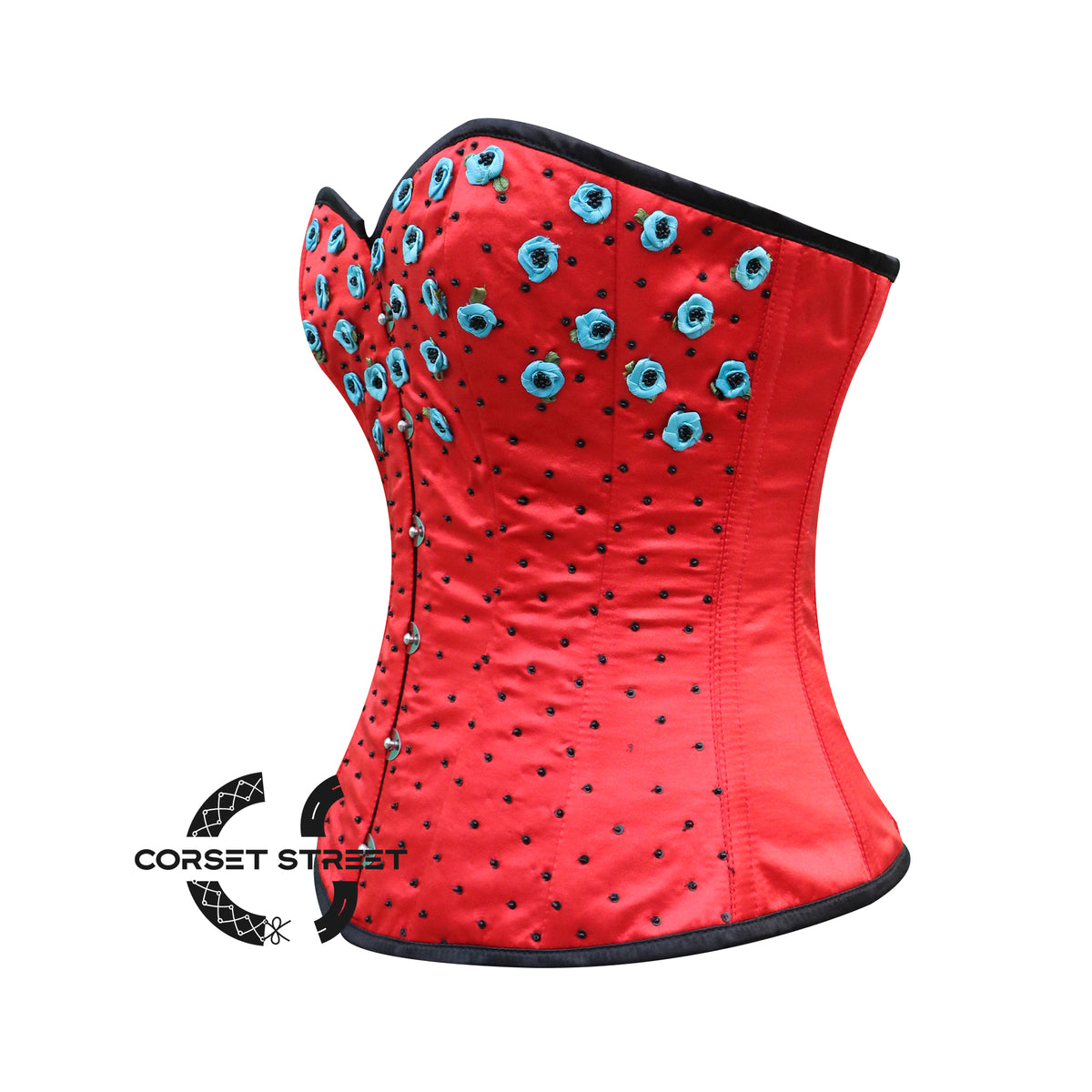 Red Satin Flowers And Sequins Hand Work Burlesque Gothic Costume Overbust Bustier Top