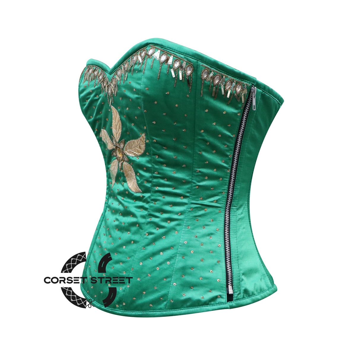 Green Satin Gold Sequins Burlesque Gothic Costume Overbust Plus Size Bustier Top