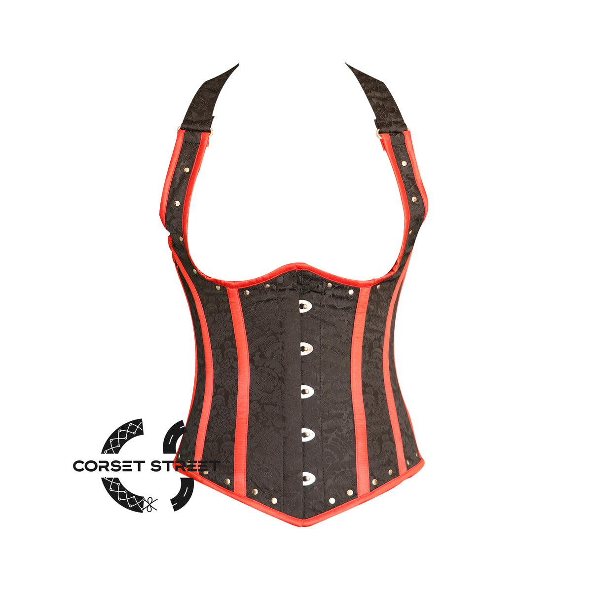 Black Brocade Red Stripe Halter Neck Gothic Underbust Waist Cincher Plus Size Corset