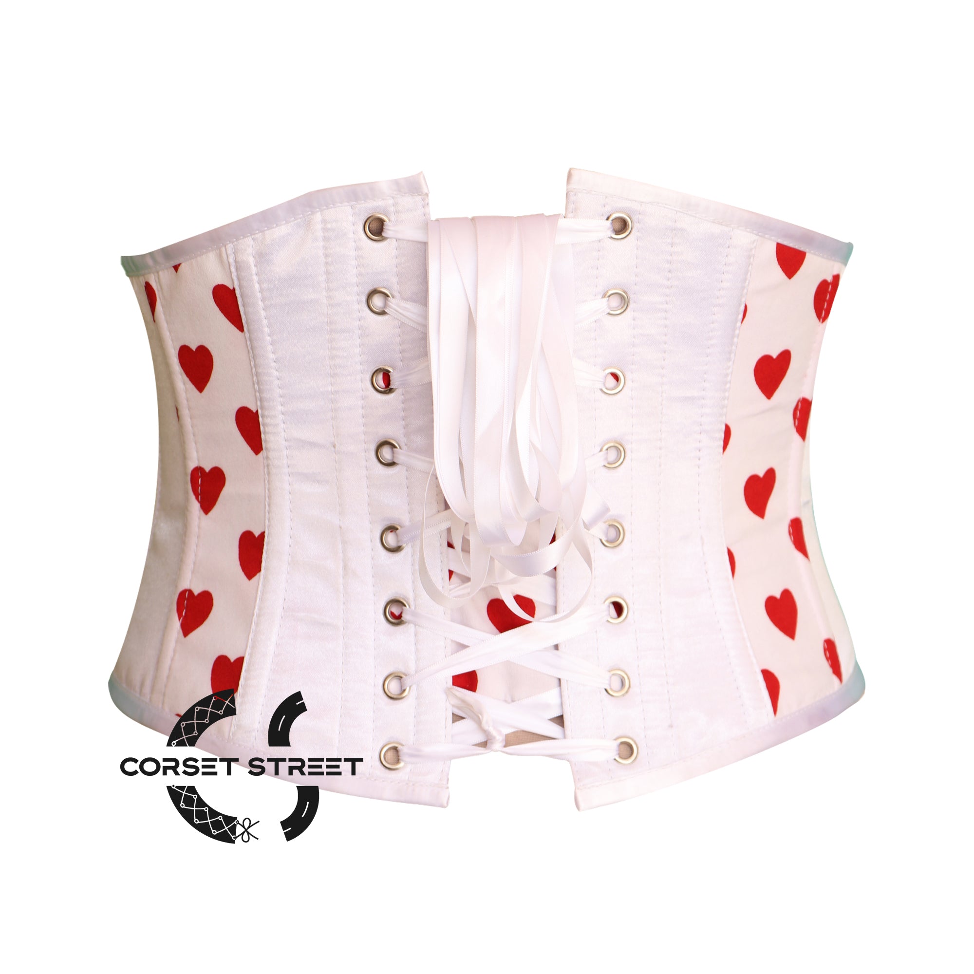 White Satin Heart Print Gothic Underbust Waist Trainer Corset Bustier Top