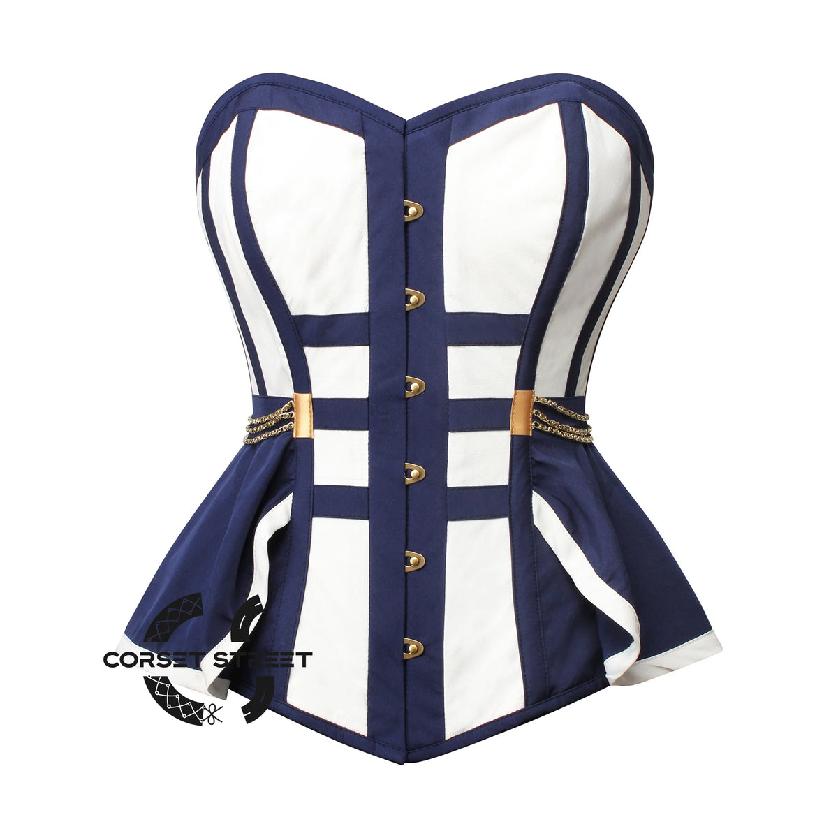 White And Navy Blue Satin Gothic Overbust Corset Bustier Top