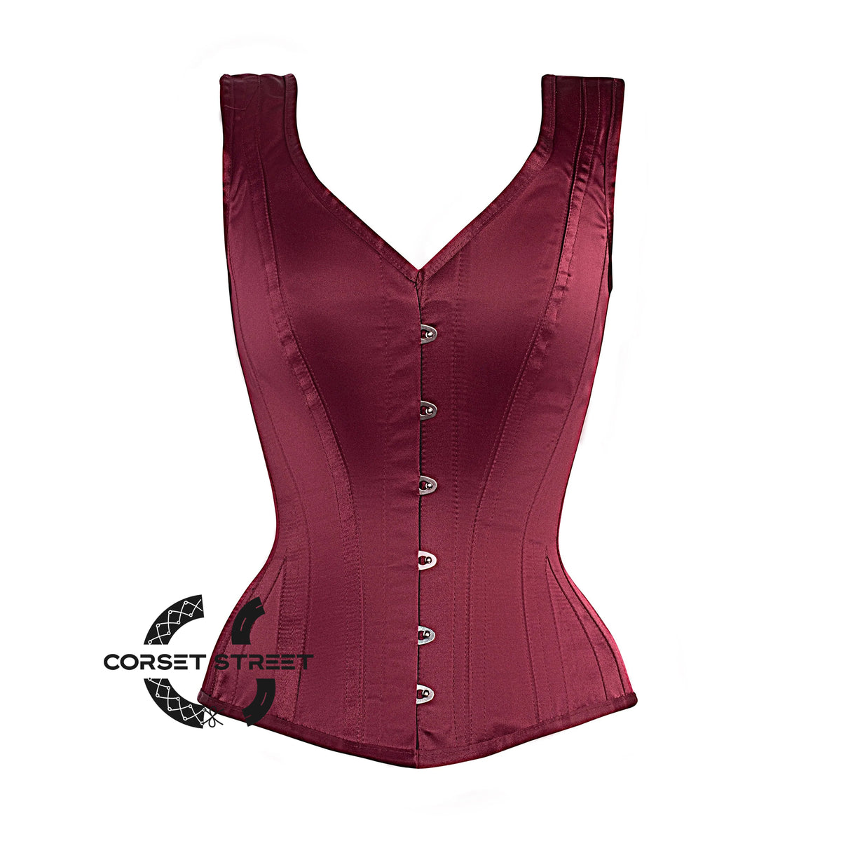 Burgundy Satin Burlesque Gothic Overbust Corset  With Shoulder Strap Bustier Top