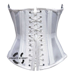 White Satin With Mesh Front Lace Double Bone Burlesque Gothic Overbust Corset Bustier Top