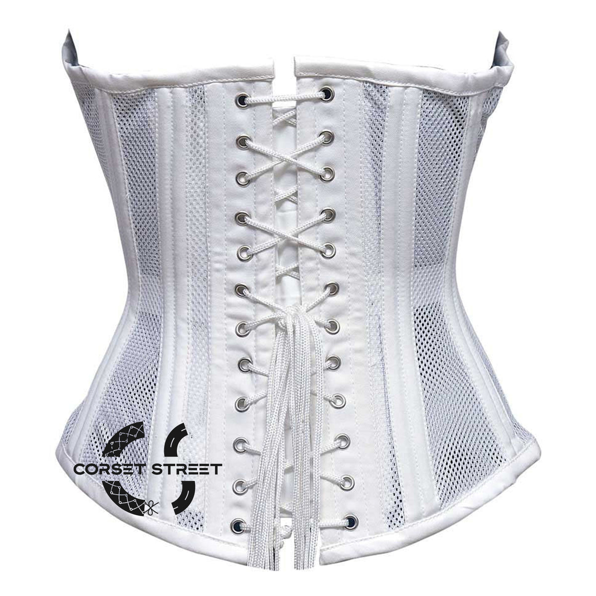White Satin With Mesh Burlesque Gothic Overbust Corset Plus Size Bustier Top