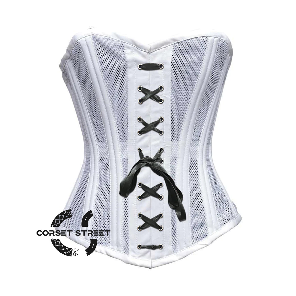 White Satin With Mesh Front Black Lace Double Bone Burlesque Gothic Overbust Corset Bustier Top