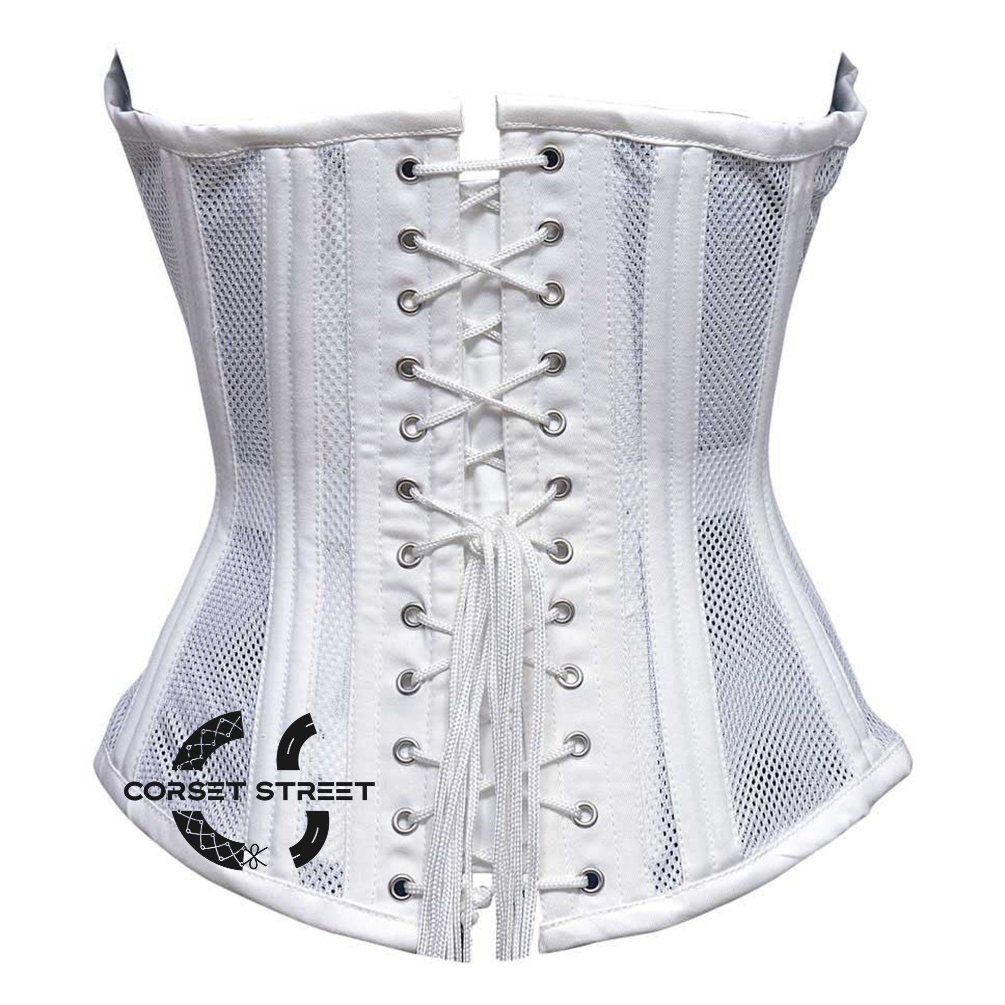 White Satin With Mesh Front Black Lace Double Bone Burlesque Gothic Overbust Corset Bustier Top