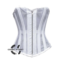 White Satin With Mesh Double Bone Burlesque Gothic Overbust Corset Bustier Top