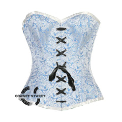 Blue And White Brocade Burlesque Gothic Overbust Corset Bustier Top