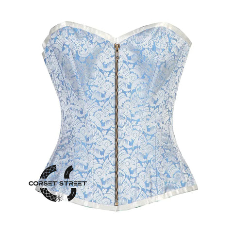 Blue And White Brocade Front Zip Burlesque Gothic Overbust Corset Bustier Top