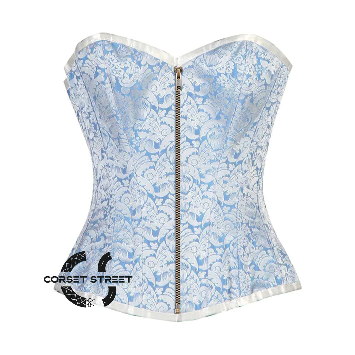 Blue And White Brocade Front Zip Burlesque Gothic Overbust Corset Plus Size  Bustier Top