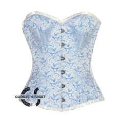 Blue And White Brocade Burlesque Gothic Overbust Corset Bustier Top