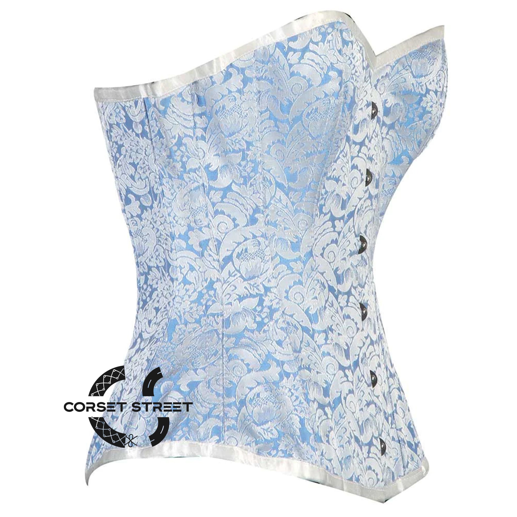 Blue And White Brocade Burlesque Gothic Overbust Corset Plus Size Bustier Top