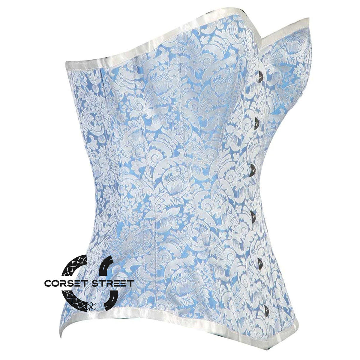 Blue And White Brocade Burlesque Gothic Overbust Corset Bustier Top