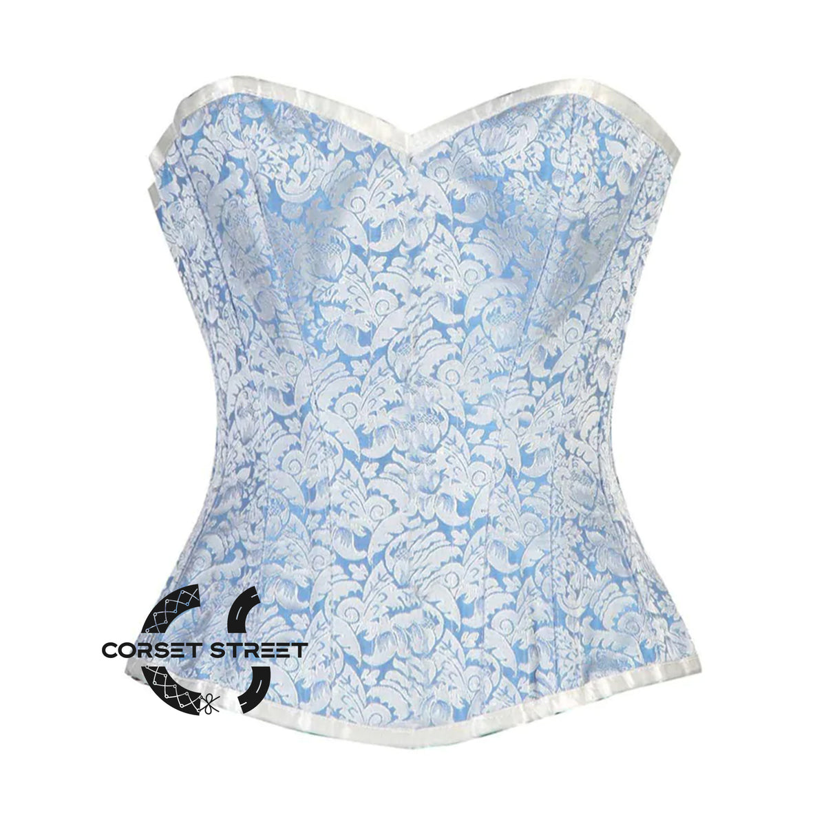 Blue And White Brocade Front Closed Burlesque Gothic Overbust Corset Bustier Top