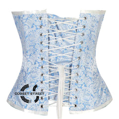 Blue And White Brocade Front Closed Burlesque Gothic Overbust Corset Bustier Top