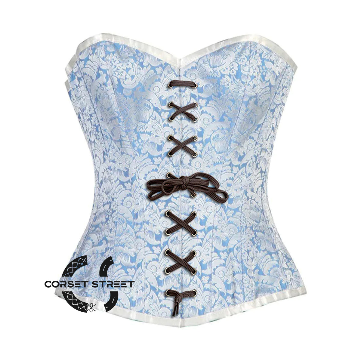 Blue And White Brocade With Lace Burlesque Gothic Overbust Plus Size Corset Bustier Top