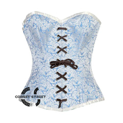 Blue And White Brocade With Lace Burlesque Gothic Overbust Corset Bustier Top