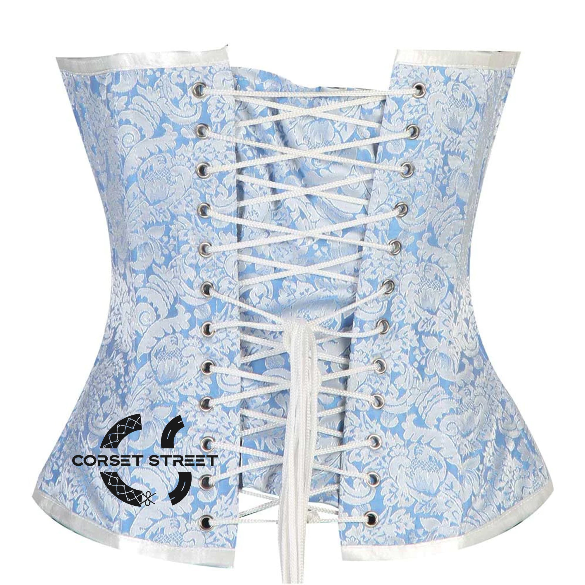 Blue And White Brocade With Lace Burlesque Gothic Overbust Corset Bustier Top