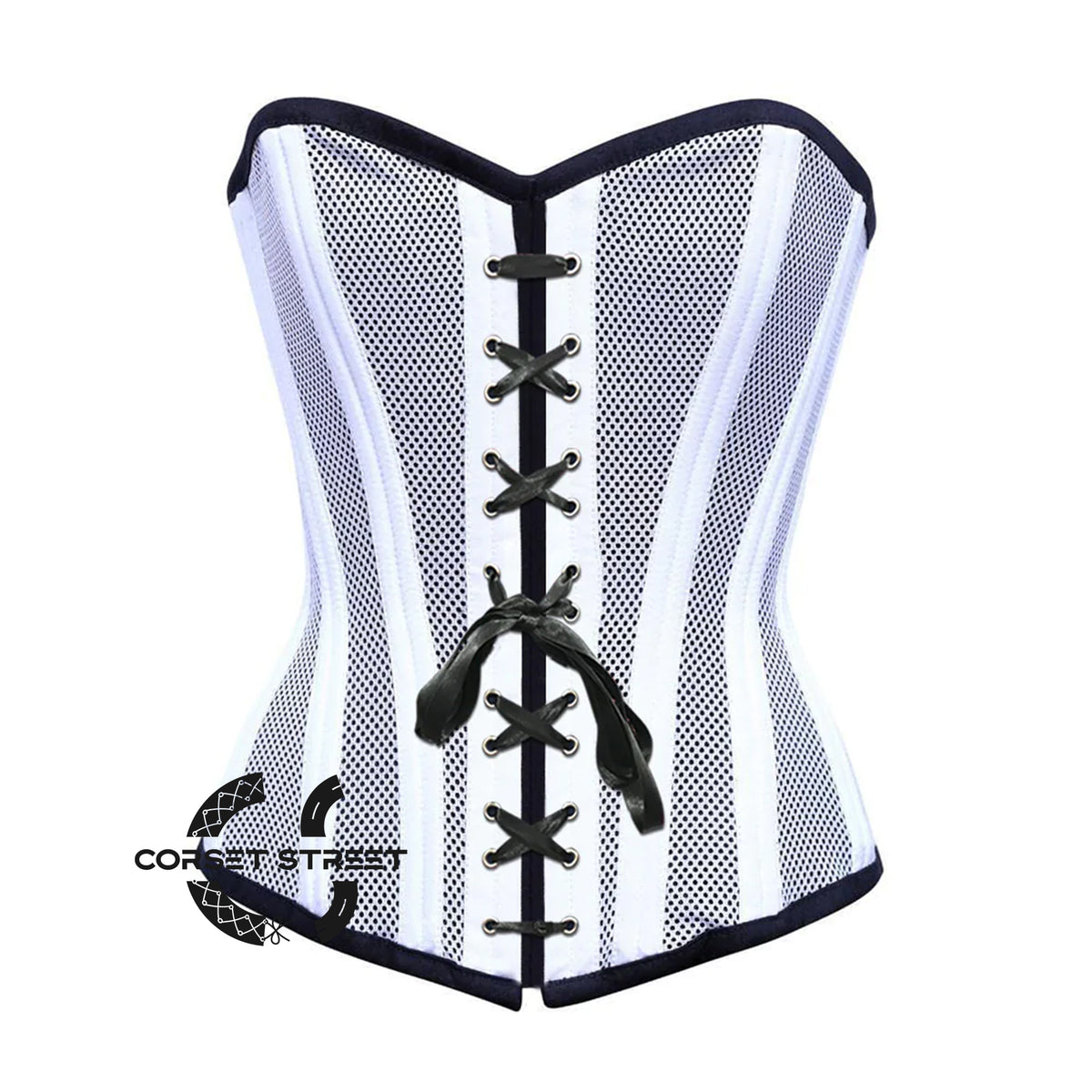 White Satin With Mesh Front Lace Double Bone Burlesque Gothic Overbust Corset Bustier Top