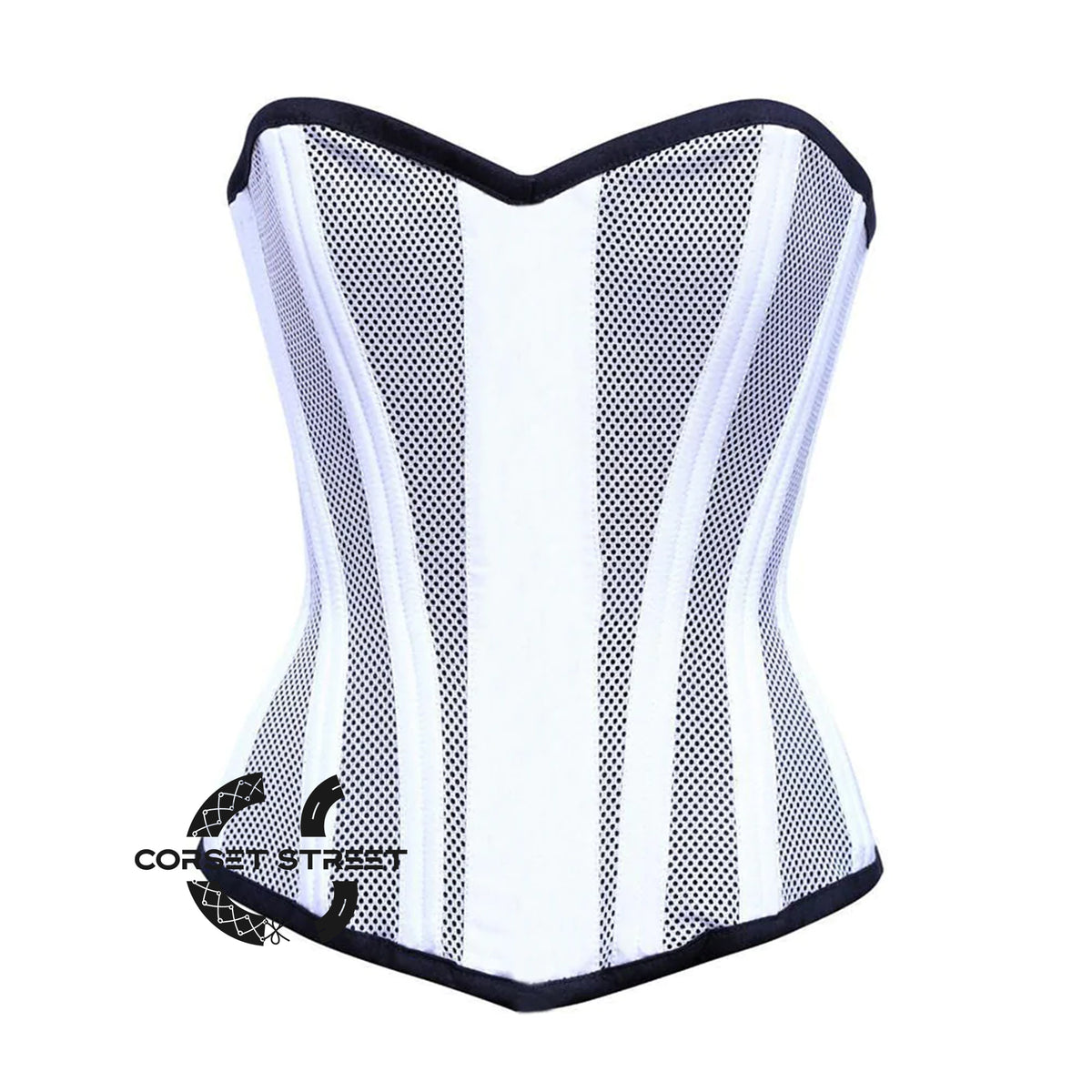 White Satin With Mesh Burlesque Gothic Overbust Corset Plus Size Bustier Top