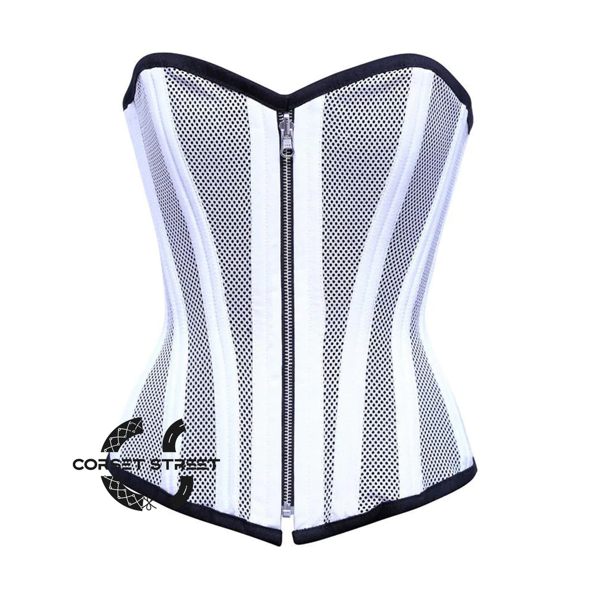White Satin With Mesh Front Zipper Burlesque Gothic Overbust Corset Bustier Top
