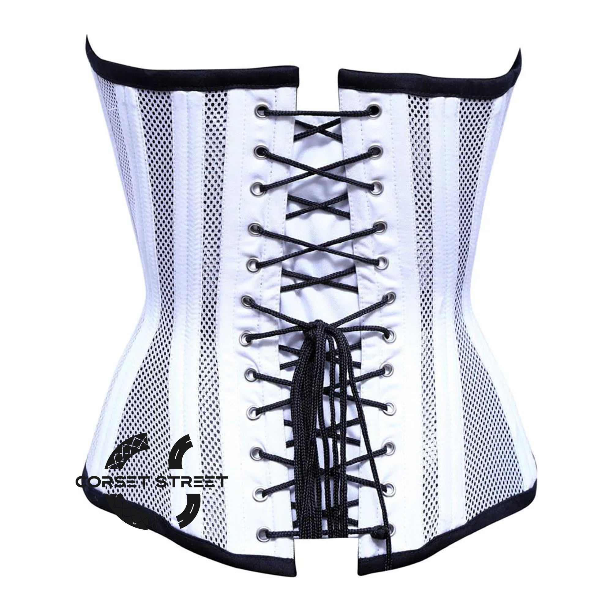 White Satin With Mesh Front Zipper Burlesque Gothic Overbust Corset Bustier Top