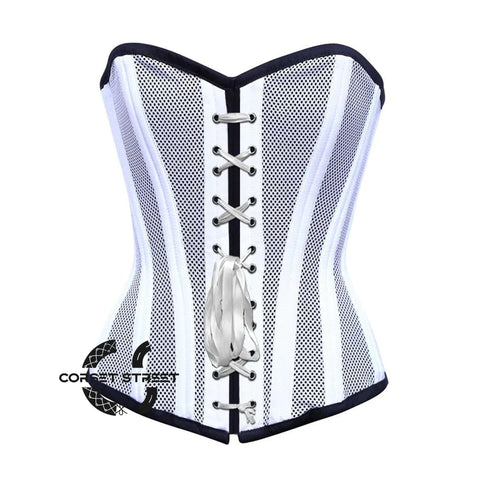 White Satin With Mesh White Lace Double Bone Burlesque Gothic Overbust Corset Bustier Plus Size Top