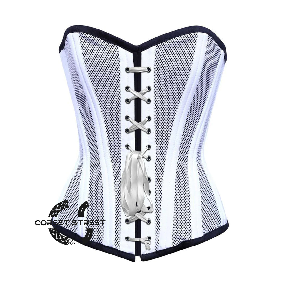 White Satin With Mesh White Lace Double Bone Burlesque Gothic Overbust Corset Bustier Top