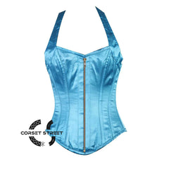 Baby Blue Satin Halter Neck Shoulder Strap Burlesque Overbust Corset Bustier Top