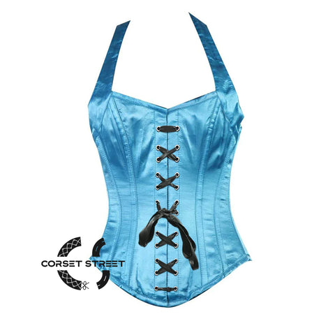 Baby Blue Satin With Shoulder Strap Front Lace Burlesque Overbust Corset Bustier Top