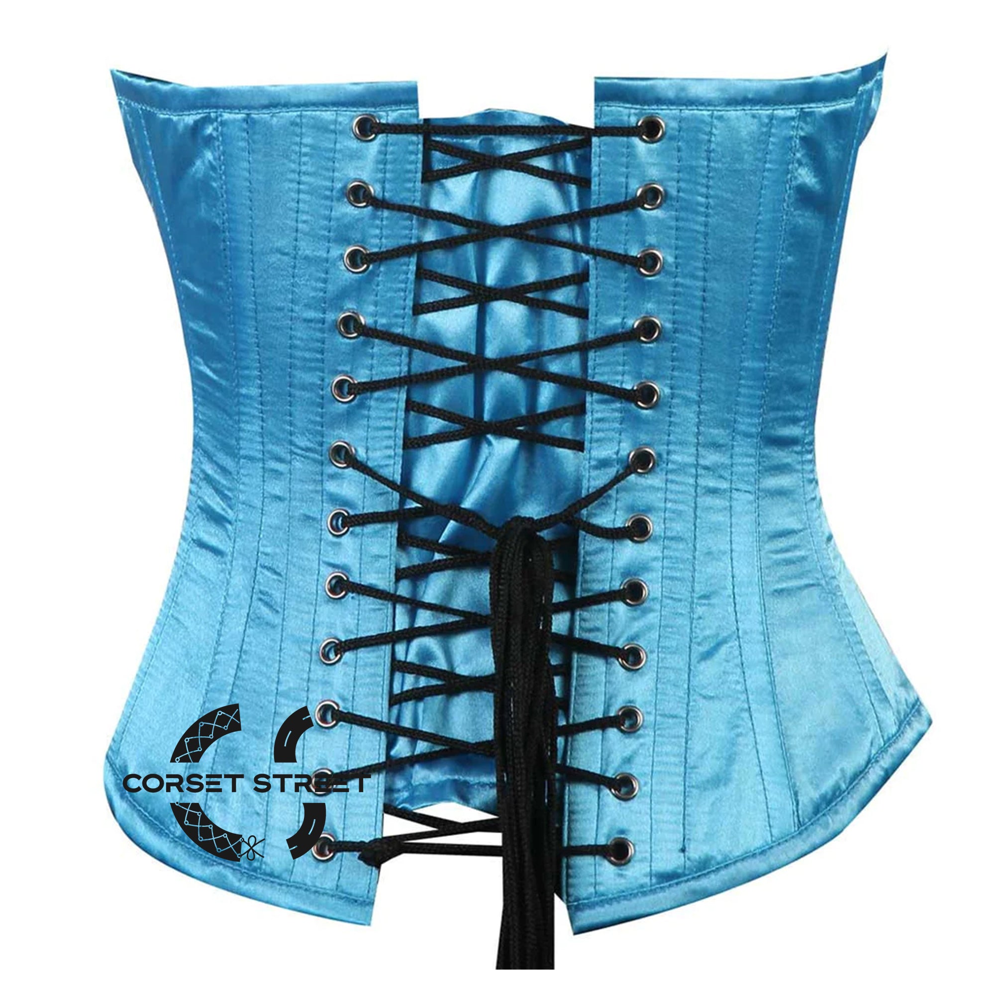 Baby Blue Satin With Shoulder Strap Front Clasp Burlesque Overbust Corset Bustier Top