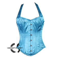 Baby Blue Satin Halter Shoulder Strap Burlesque Overbust Corset Bustier Top