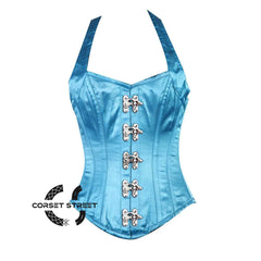 Baby Blue Satin Shoulder Strap Front Clasp Burlesque Overbust Corset Bustier Top