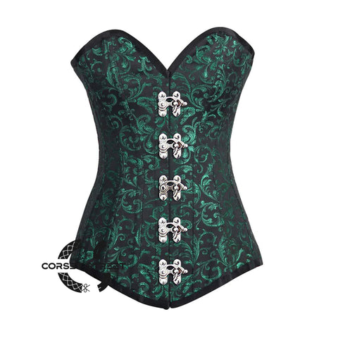 Green And Black Brocade Longline Gothic Corset Burlesque Overbust Costume Bustier Top