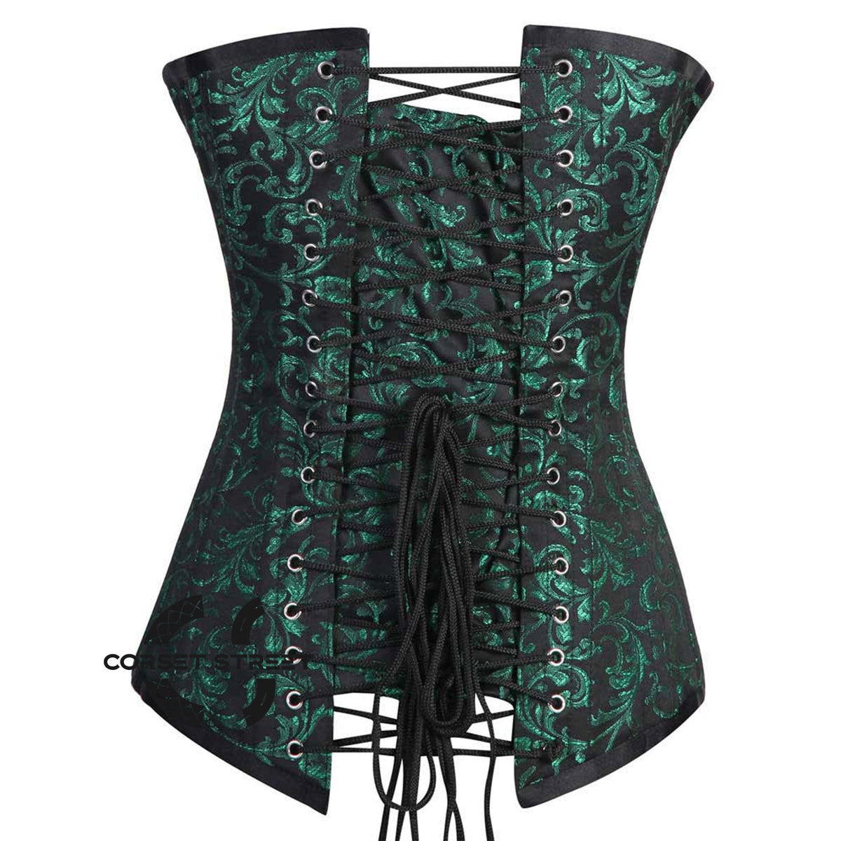 Green And Black Brocade Longline Front zipper Gothic Corset Burlesque Overbust Plus Size Costume