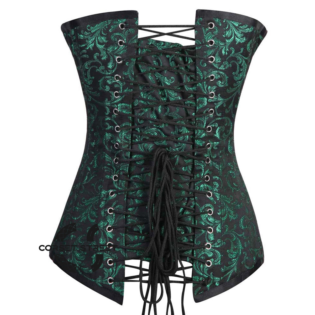Black And Green Brocade Longline Front zipper Gothic Corset Burlesque Overbust Costume