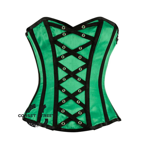 Green And Black Satin Gothic Corset Burlesque Plus Size  Overbust Top