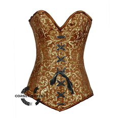 Brown And Golden Brocade Long Front Lace Burlesque Gothic Overbust Corset Bustier Top