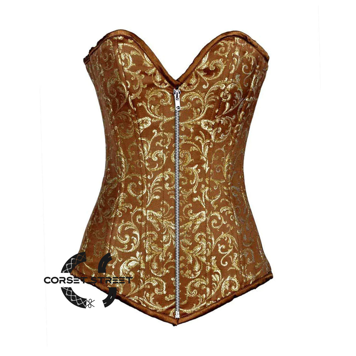 Brown And Golden Brocade Long Front Zipper Burlesque Gothic Overbust Plus Size  Corset