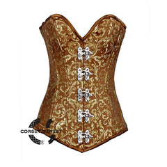 Brown And Golden Brocade Long Front Clasp Burlesque Gothic Overbust Corset