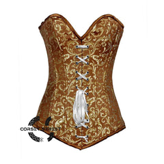 Brown And Golden Brocade Longline Front Lace Burlesque Gothic Overbust Corset Bustier Top