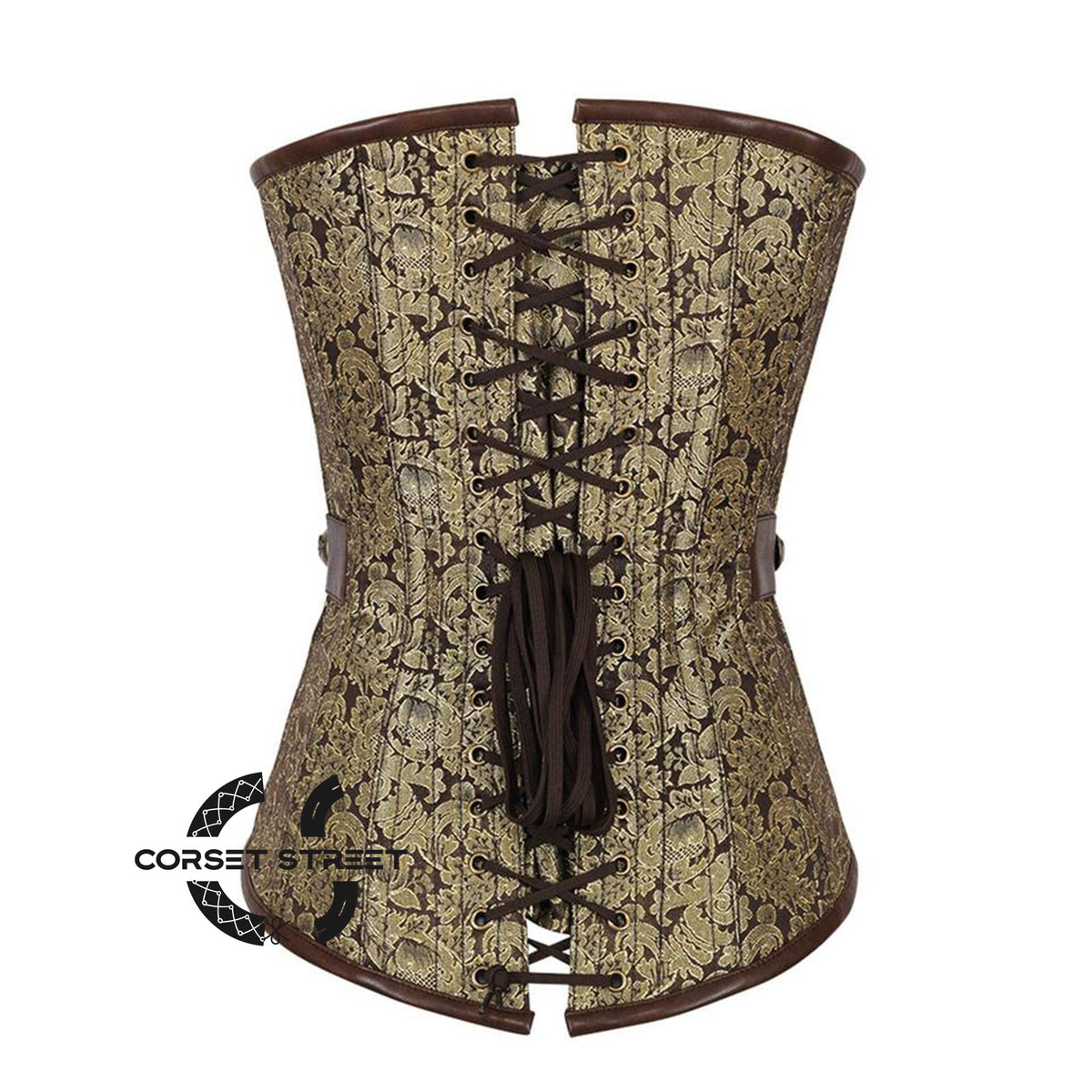 Brown And Golden Brocade Leather Belt Steampunk Waist Training Overbust Corset Plus Size Bustier Top