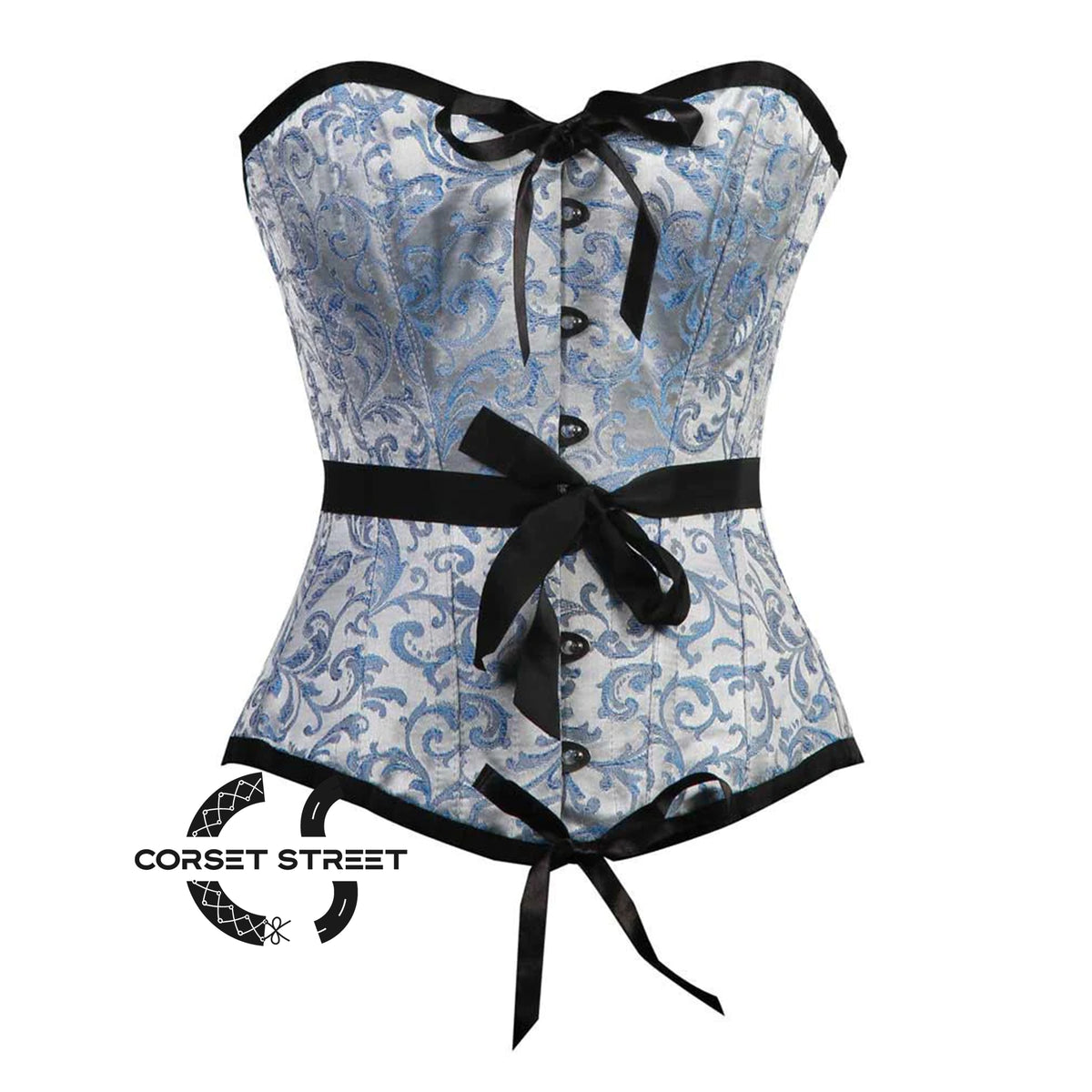 Baby Blue Brocade With Front Bow Gothic Burlesque Waist Training Overbust Corset Bustier Top