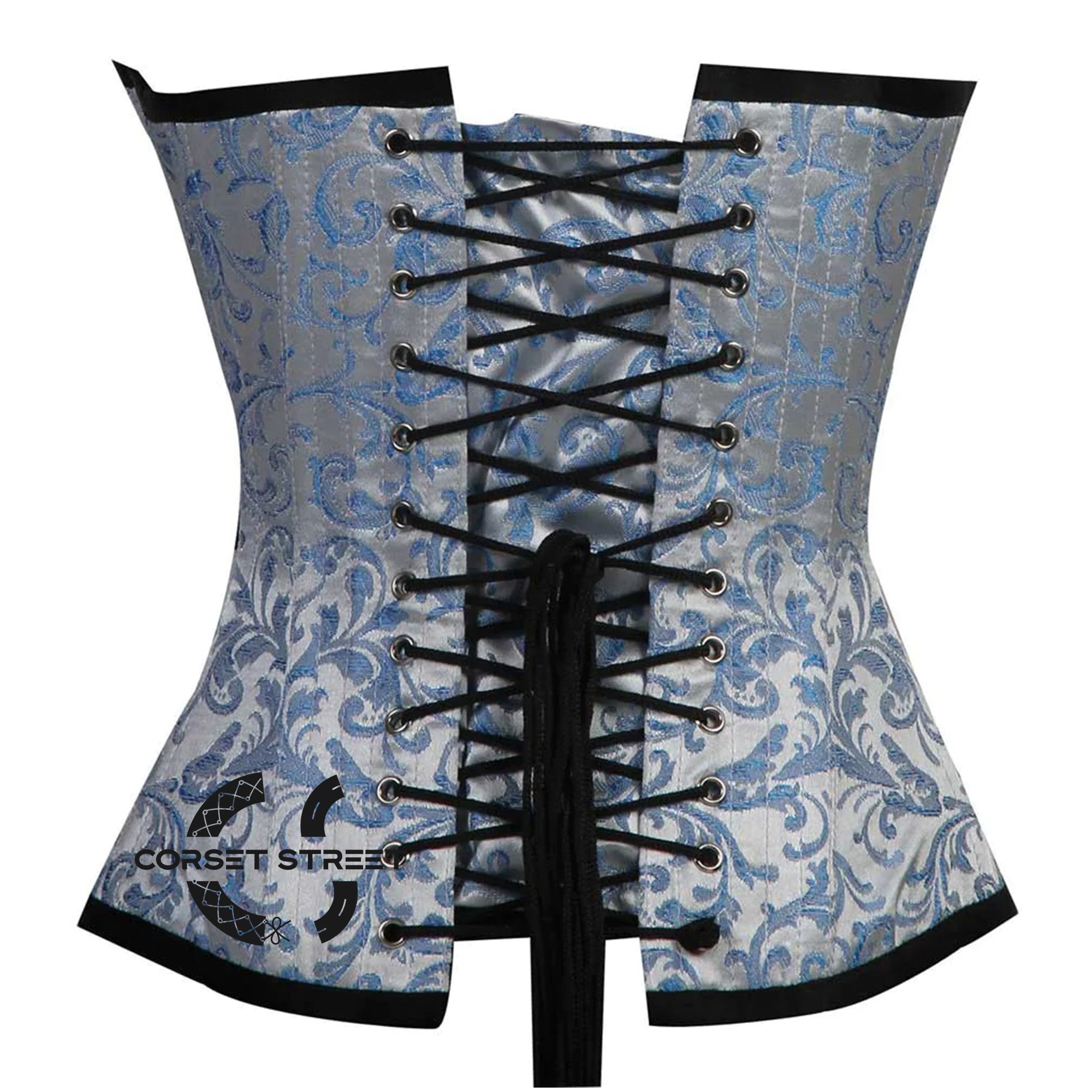 Baby Blue Brocade With Front Bow Gothic Burlesque Waist Training Overbust Corset Bustier Top