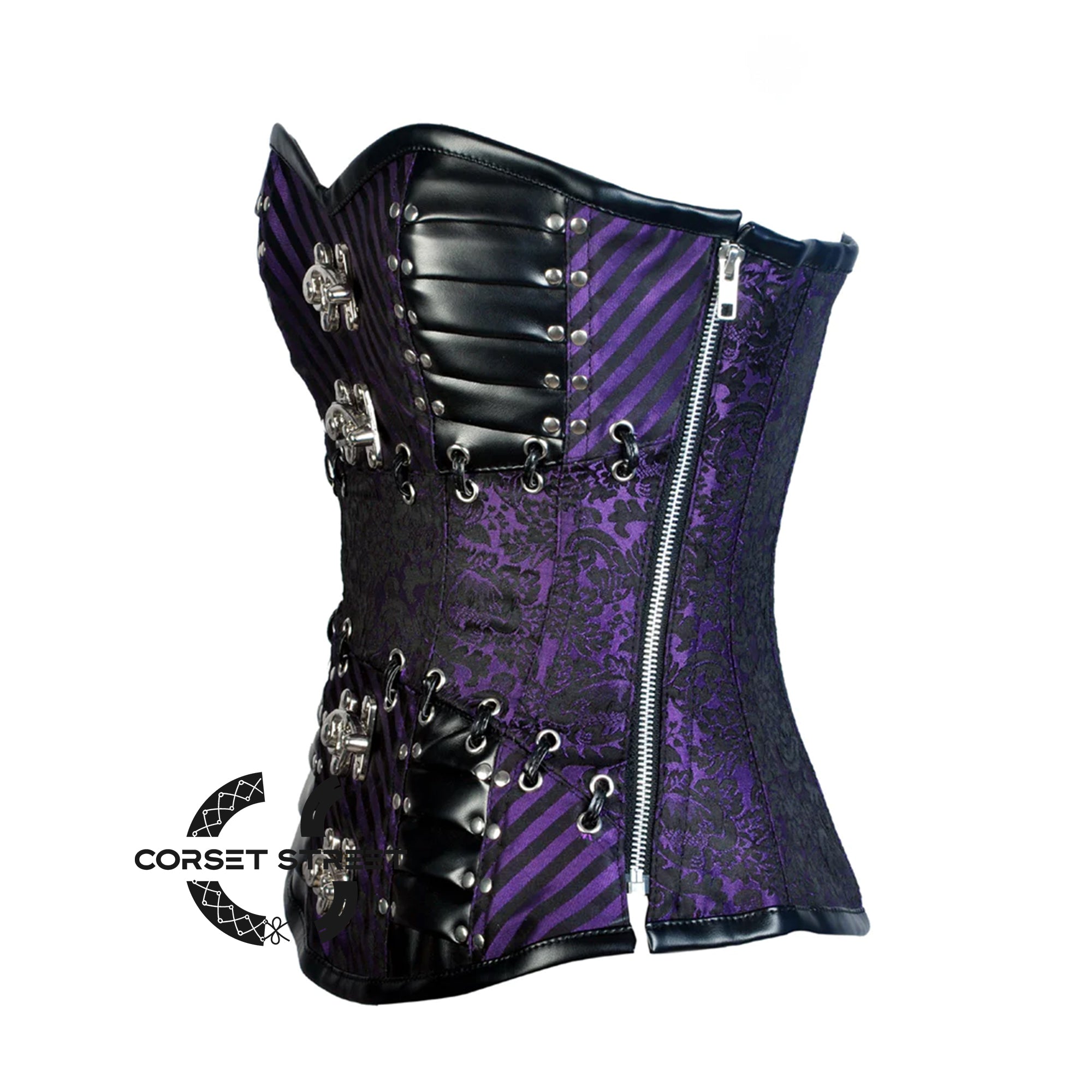 Purple And Black Brocade Leather Steampunk  Waist Training Overbust Corset Bustier Top