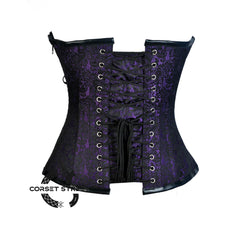 Purple And Black Brocade Leather Steampunk  Waist Training Overbust Corset Bustier Top