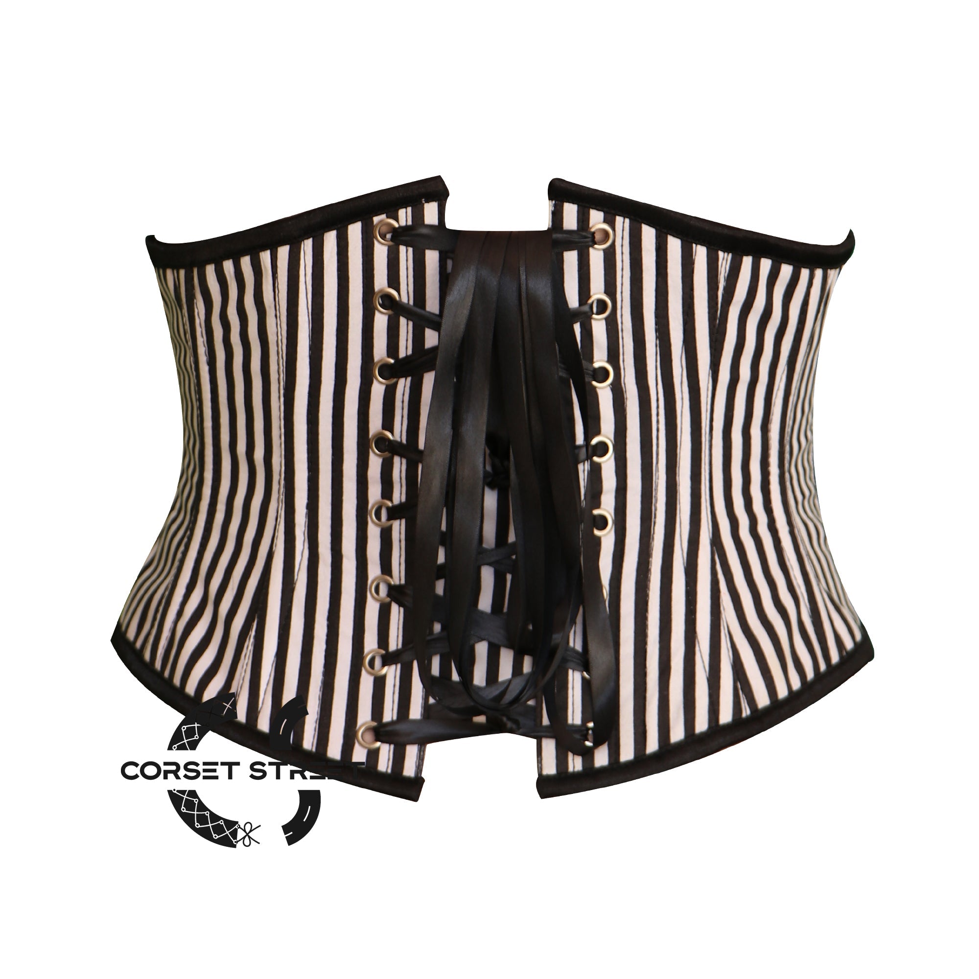 Plus Size Black And White Stripe Poly Satin Underbust Costume Waist Cincher Basque Corset